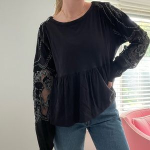 Black Free People Flowy Long Sleeve Blouse Top with Lace Sleeves | XS
